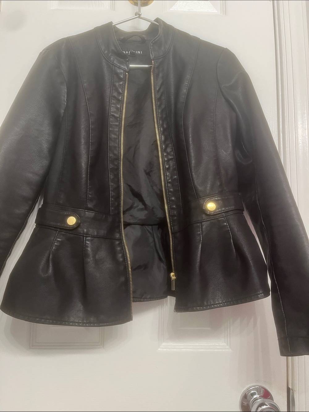 Baccini Black Faux Leather Peplum Jacket with Gold Buttons